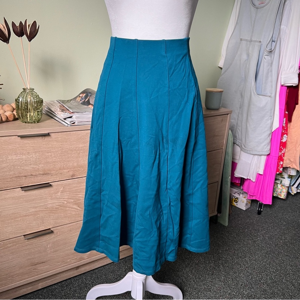 Torquoise Blue Green Midi Knee-Length Panel Pleated Stretch Full Circle Skirt M